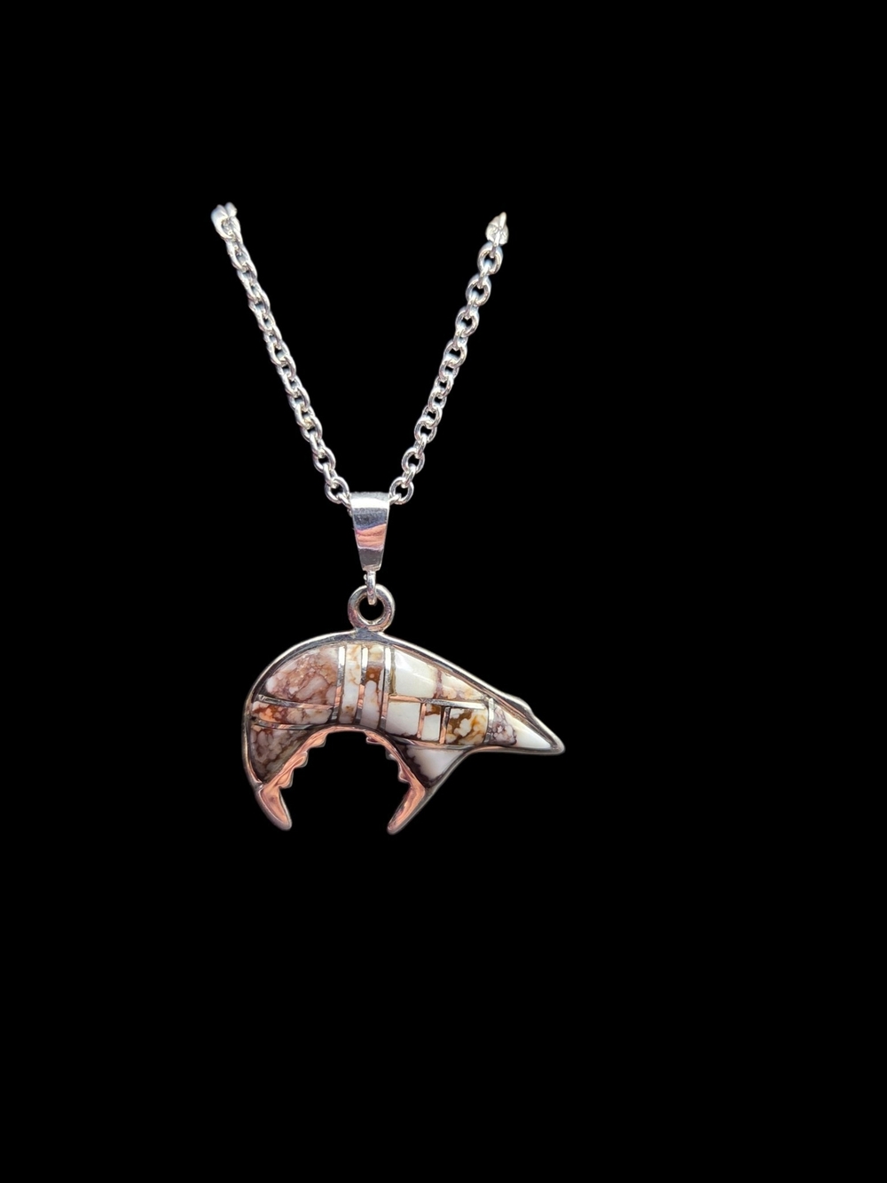 Silver Mosaic Inlay Bear Pendant Necklace - Brown/White Jasper